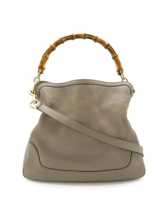 Gucci Bamboo 2-Way Shoulder Bag Crossbody Leather Grey Gold - Picture 1 of 9